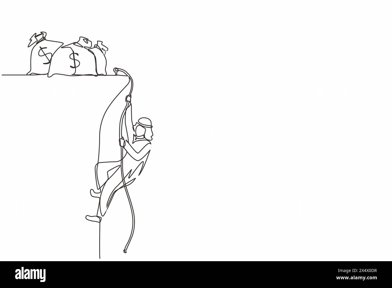 Single continuous line drawing Arabian businessman doing rope climbing ...