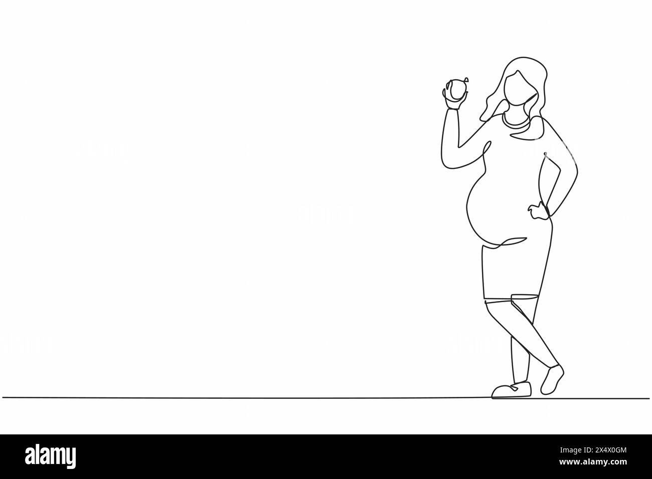 Single continuous line drawing happy beautiful pregnant woman holding green apple. Pregnancy and motherhood concept eating healthy fresh fruit food. O Stock Vector