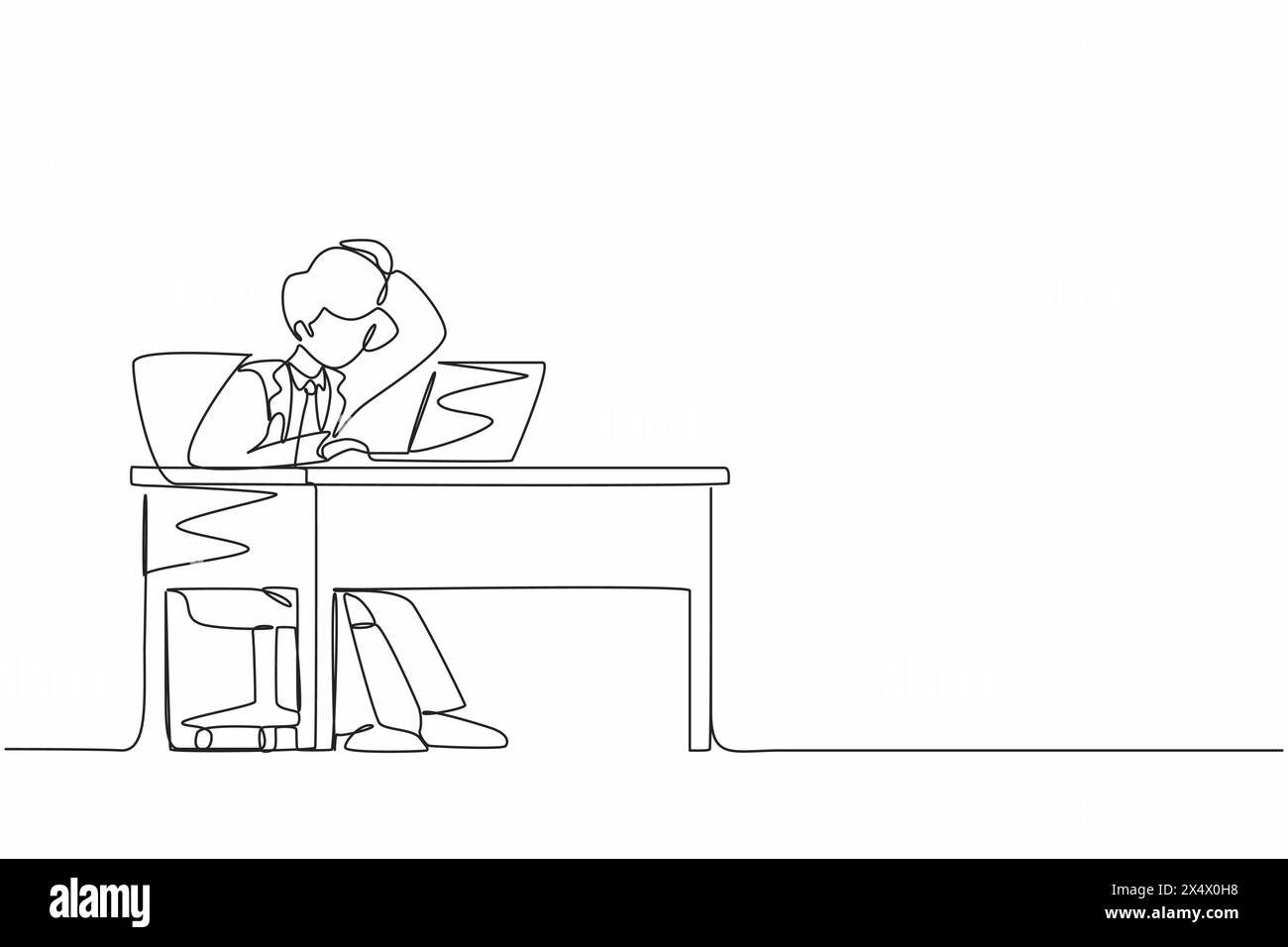 Continuous one line drawing male manager working on computer laptop. Businessman with question mark over head scratches back of his head sitting in fr Stock Vector