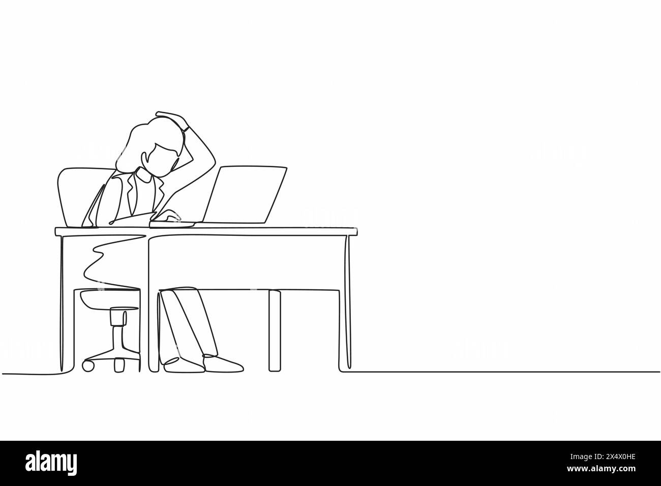 Single continuous line drawing female manager working on computer laptop. Woman with question mark over head scratches back of her head sitting in fro Stock Vector