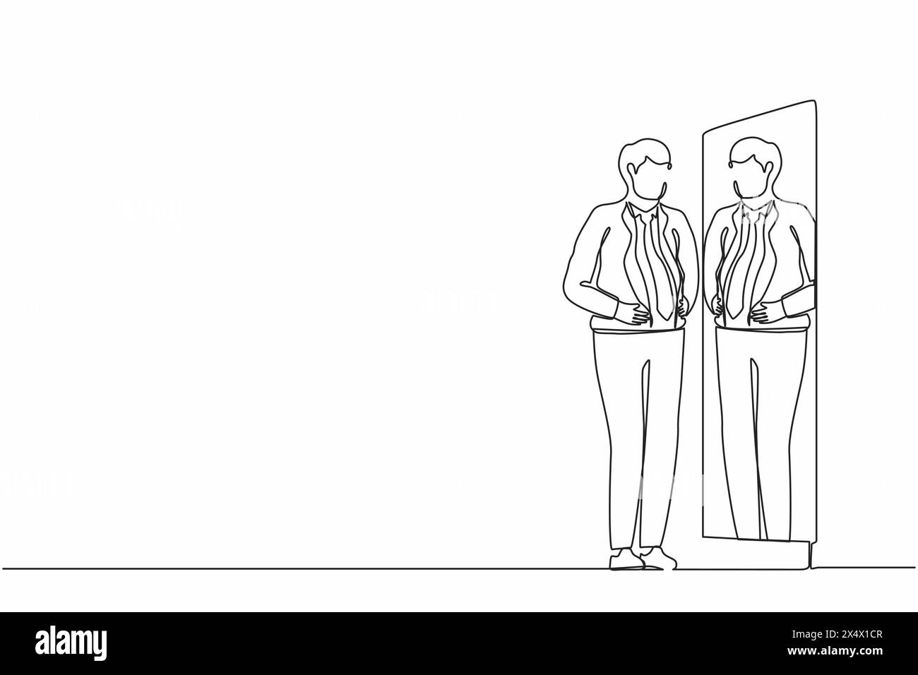 Continuous one line drawing businessman standing in front of mirror and see himself getting big belly with holding his stomach. Oversized and obesity Stock Vector