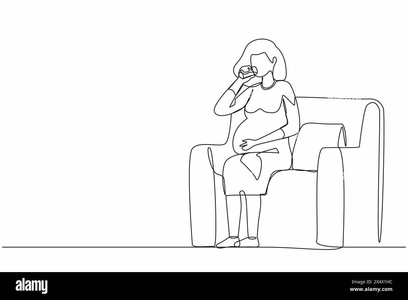 Single continuous line drawing pregnant woman drinking water sitting on sofa. Expectant lady have rest at home with glass. Pregnancy, healthcare, thir Stock Vector