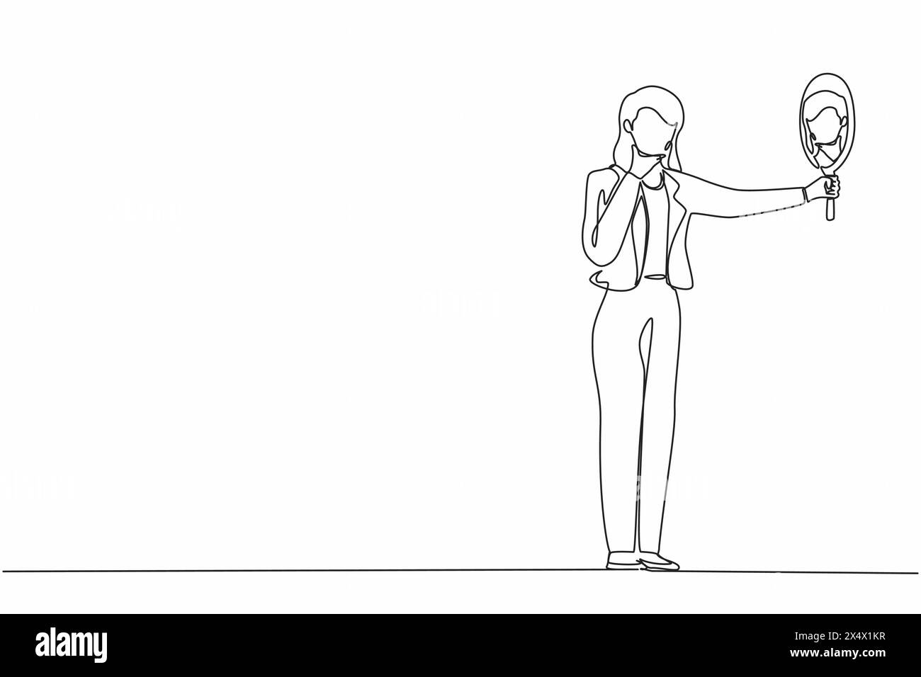 Single One Line Drawing Businesswoman Holding Hand Mirror Female Single One Line Drawing Businesswoman Holding Hand Mirror Female