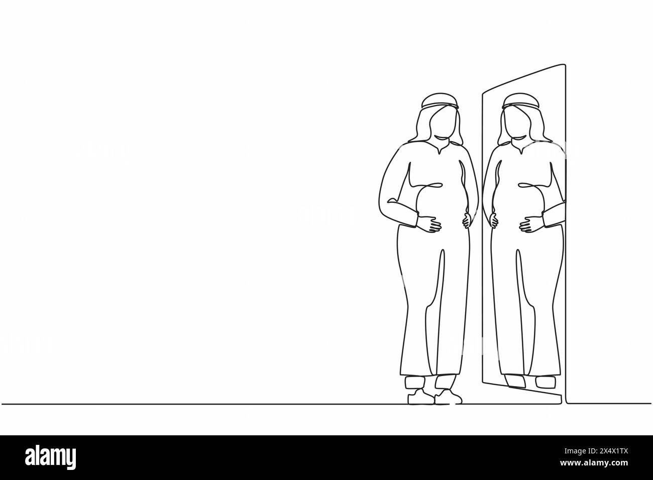 Single continuous line drawing Arabian businessman standing in front of mirror and see himself getting big belly with holding his stomach. Oversized a Stock Vector