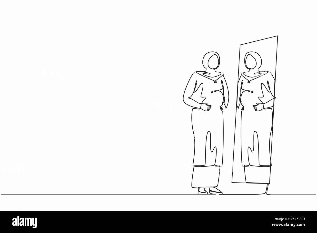 Single one line drawing Arabian businesswoman standing in front of mirror and see herself getting big belly with holding her stomach. Oversized and ob Stock Vector