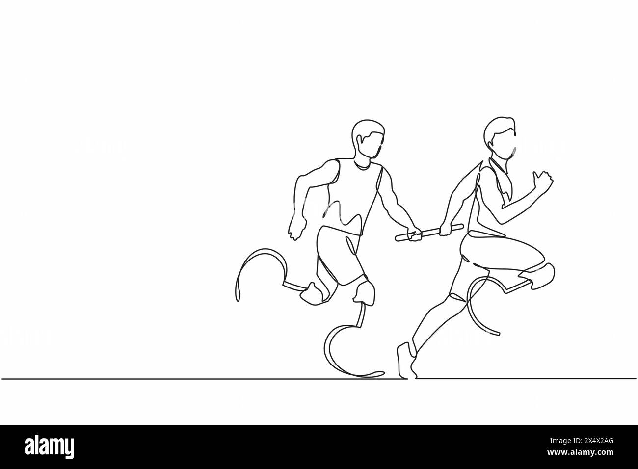 Continuous one line drawing two disable runners with prosthesis leg, disability men, amputee athletes, amputees running in relay race handing over the Stock Vector