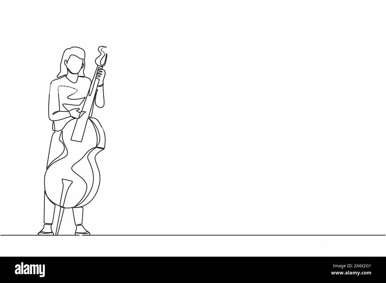 Continuous one line drawing double bass player standing with big string instrument. Woman musician playing classical music with fingers. Professional Stock Vector