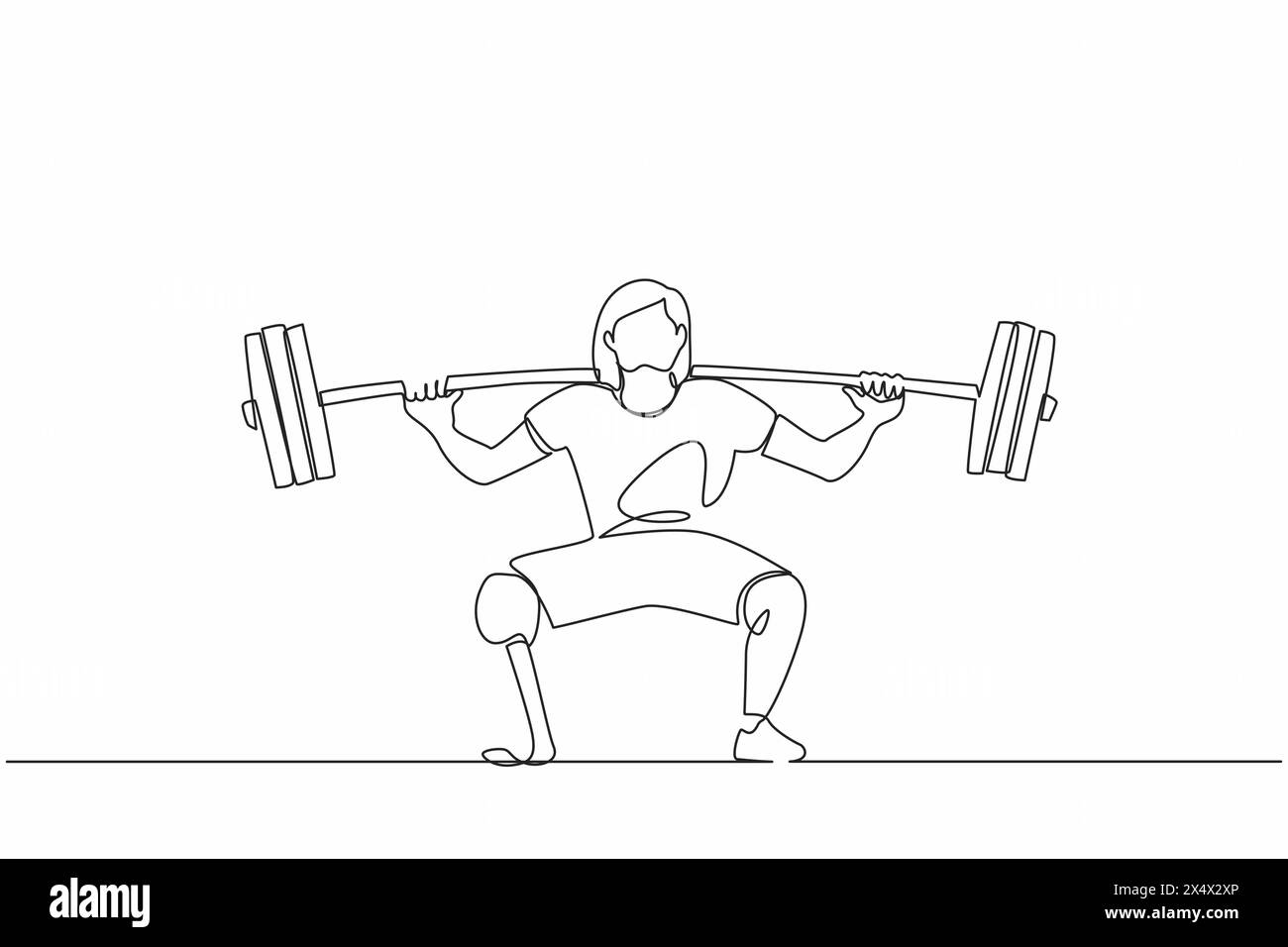 Single one line drawing disabled female weightlifter with amputated legs. Athletic weightlifting workout with barbell muscles sport strongwoman beauti Stock Vector