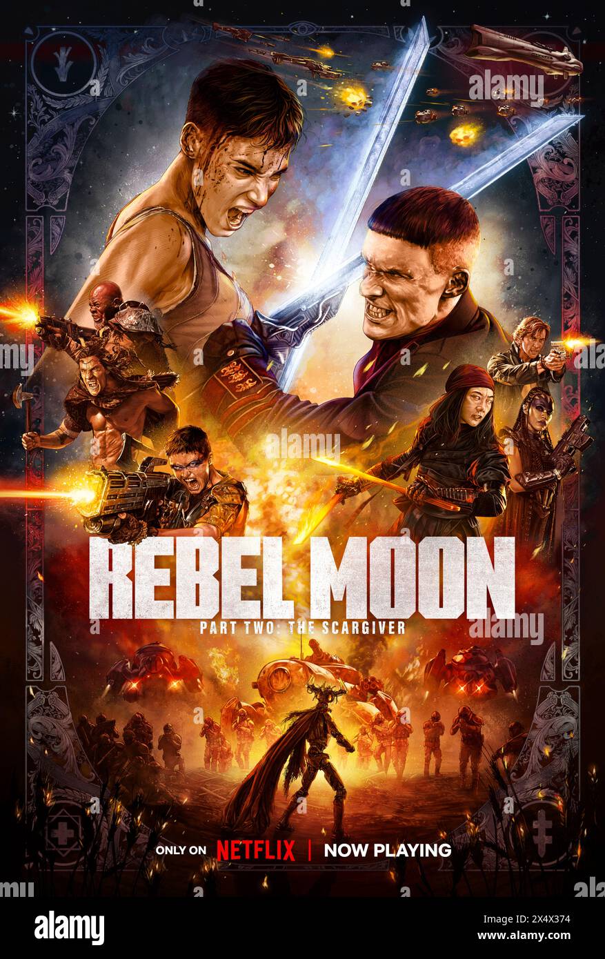 Rebel Moon - Part Two: The Scargiver (2024) directed by Zack Snyder and starring Sofia Boutella, Djimon Hounsou and Ed Skrein. Kora and surviving warriors prepare to defend Veldt, their new home, alongside its people against the Realm. The warriors face their pasts, revealing their motivations before the Realm's forces arrive to crush the growing rebellion. Publicity poster ***EDITORIAL USE ONLY***. Credit: BFA / Netflix Stock Photo