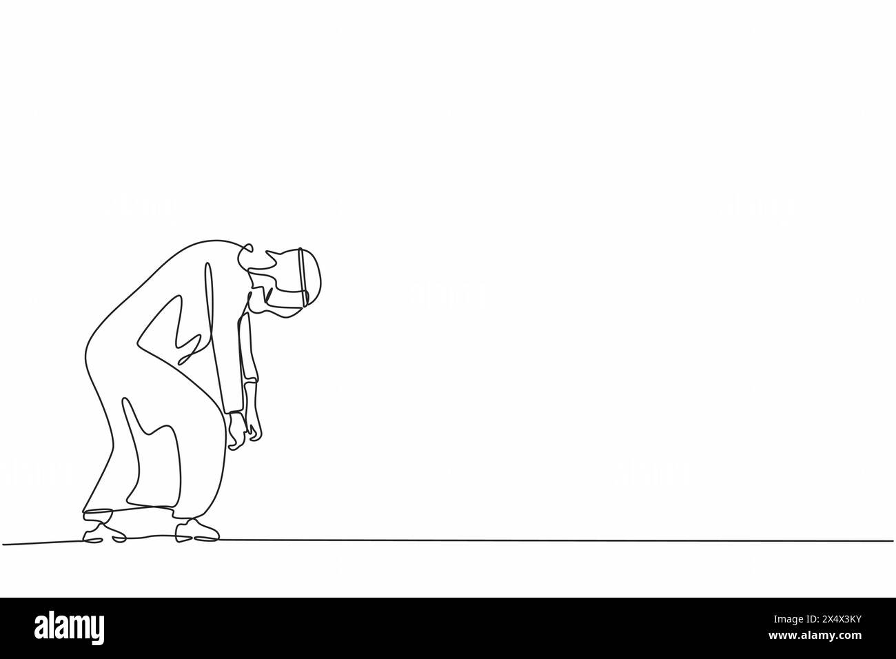 Continuous one line drawing sad Arab businessman bowed down. Man ...