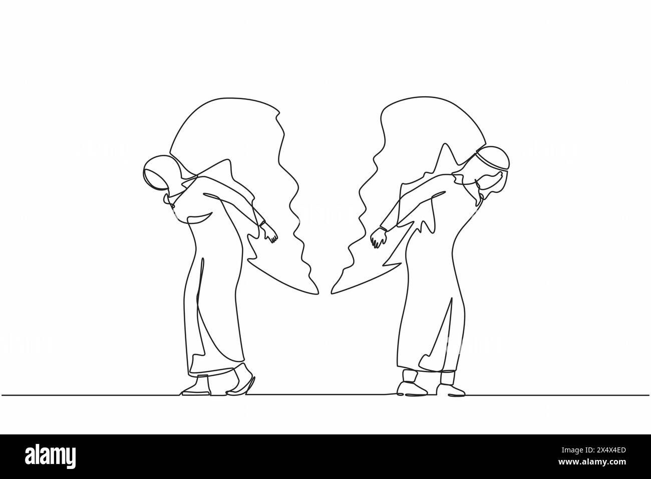 Single continuous line drawing broken heart carried by Arab man and