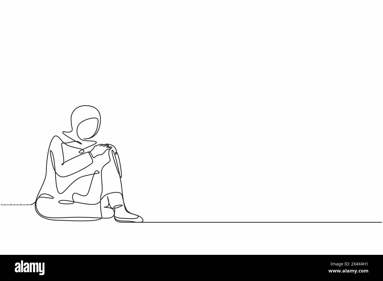 Continuous one line drawing very sad Arab businesswoman sitting alone ...