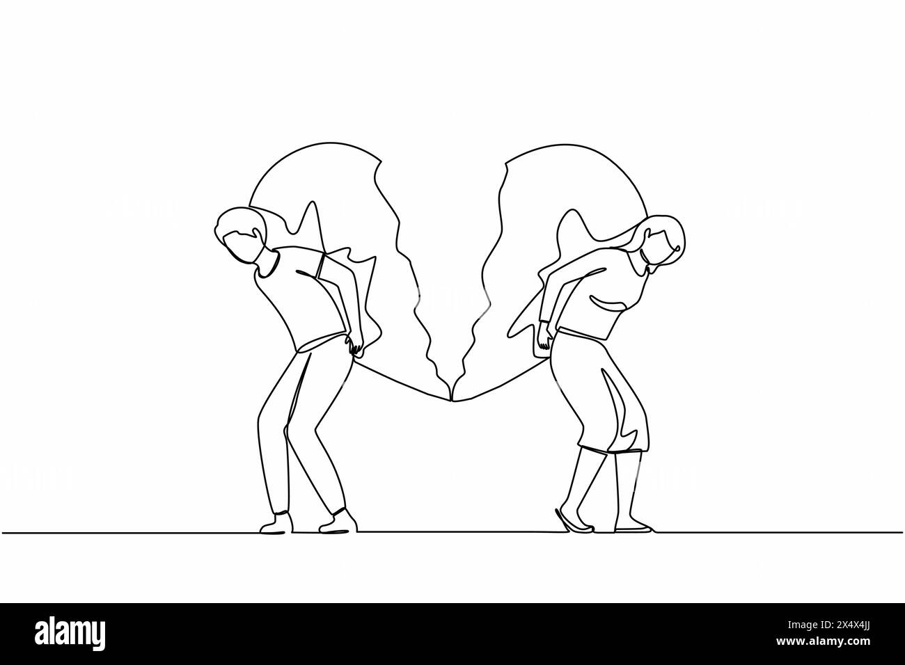 Single one line drawing broken heart carried by man and woman. Divorce