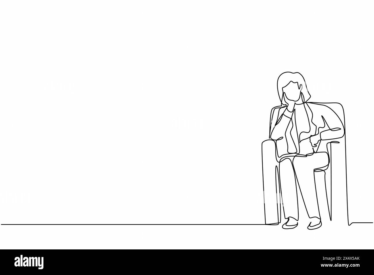 Single continuous line drawing businesswoman sitting at sofa, feeling stressed, alone. Anxious worker sit on couch, crying, feel frustrated, depressed Stock Vector
