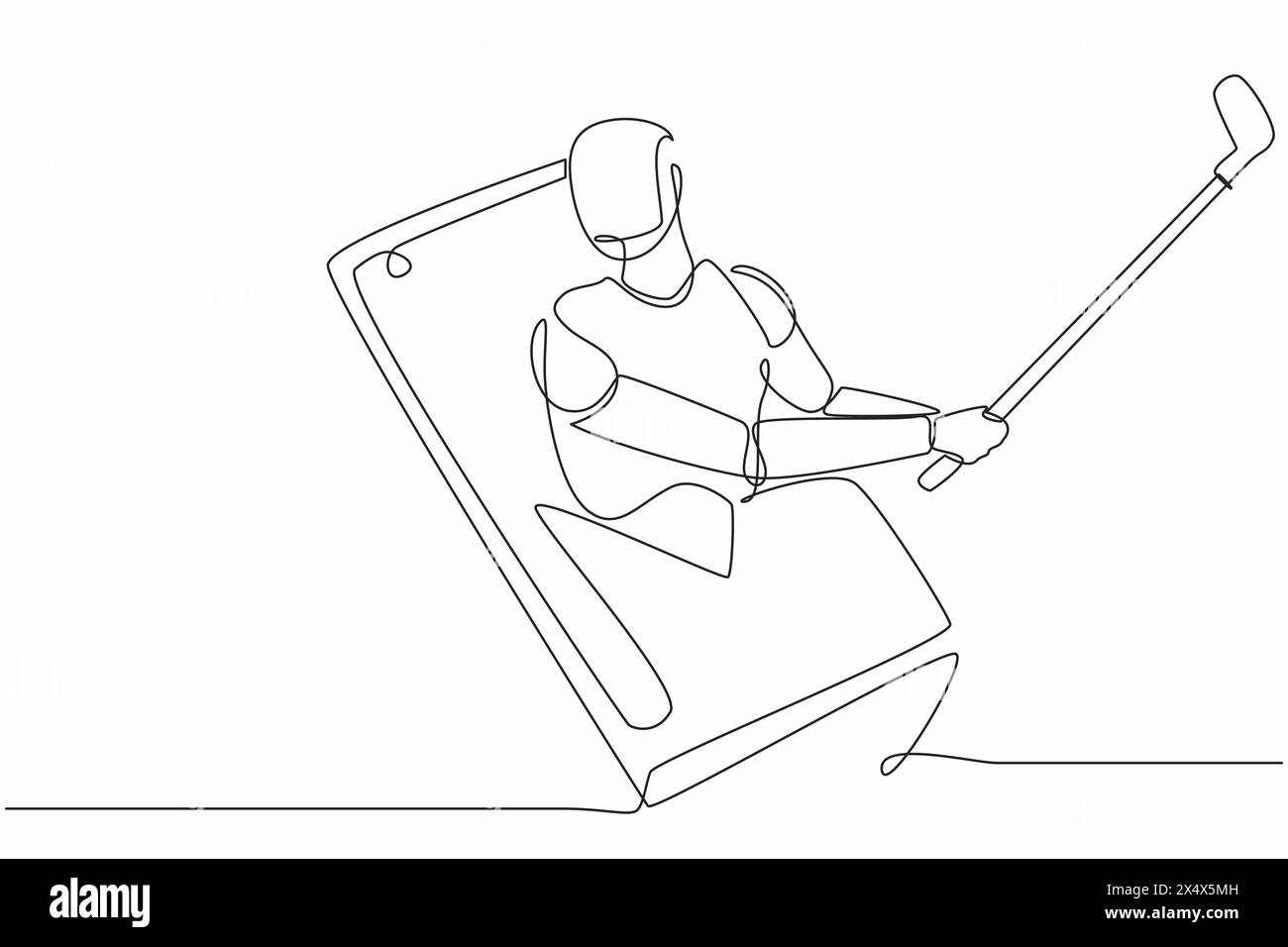 Single one line drawing robot come out from cellular phone and hitting