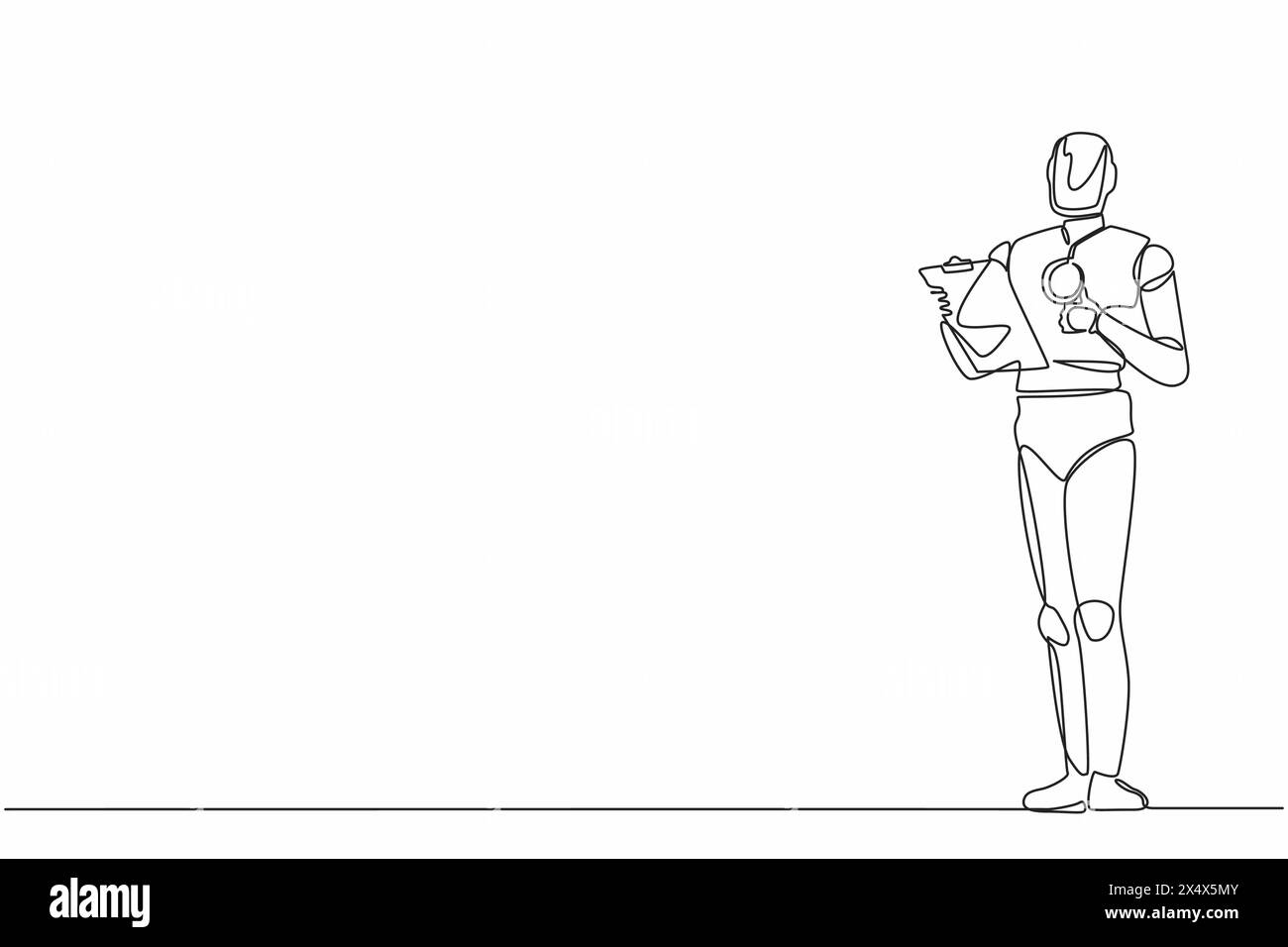Single one line drawing robot holding clipboard and showing thumbs up ...