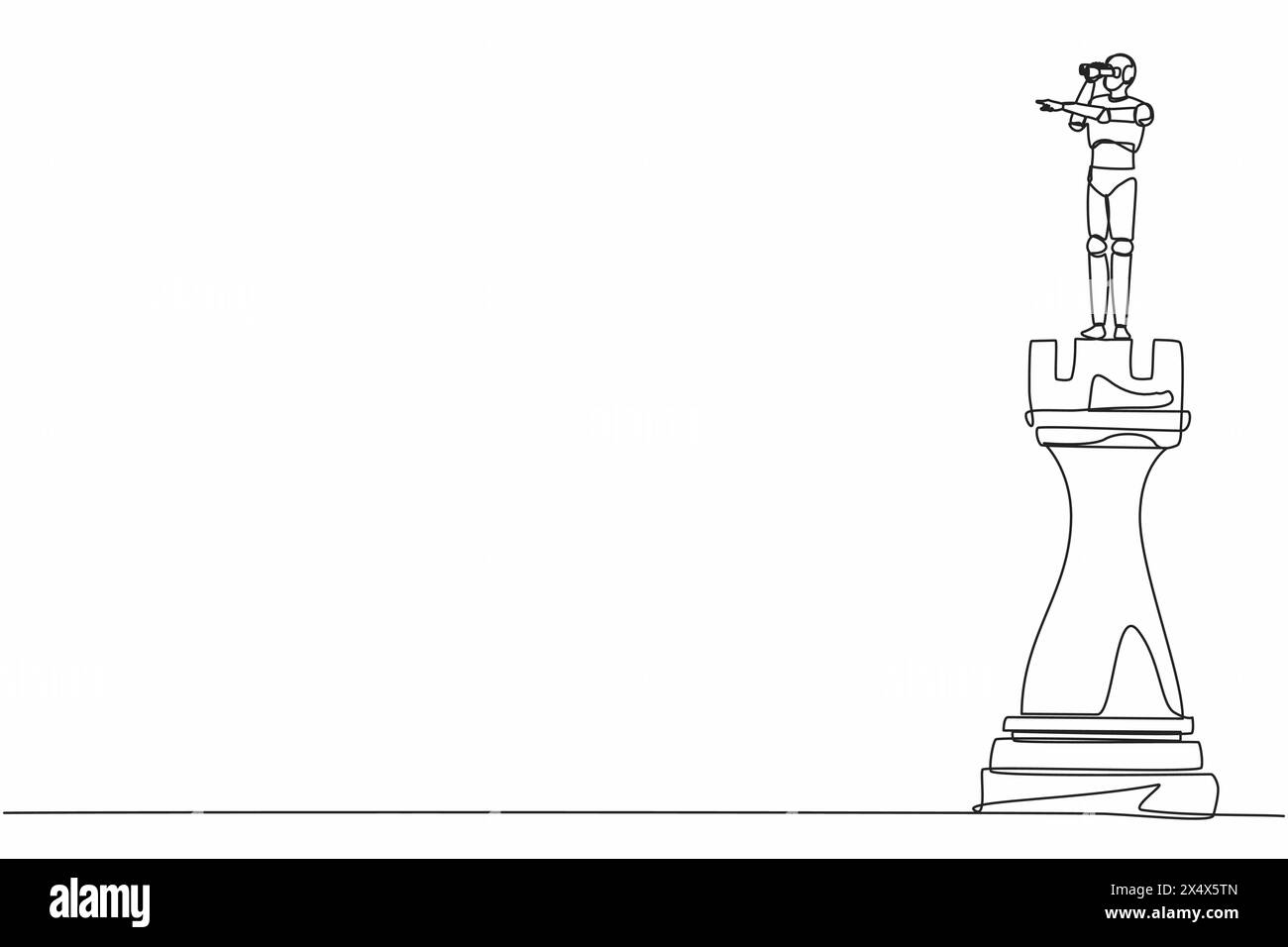Single one line drawing robot on top of big rook chess piece using monocular. Future technology development. Artificial intelligence and machine learn Stock Vector