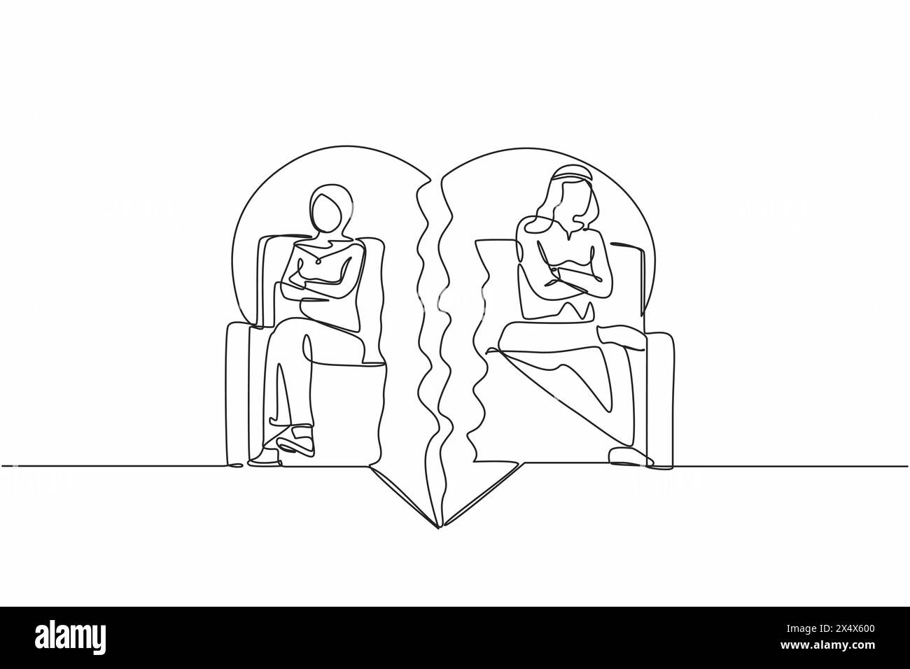 Single one line drawing unhappy stubborn Arab couple sit separate on cut couch have family fight or quarrel. Angry mad man and woman lovers avoid igno Stock Vector