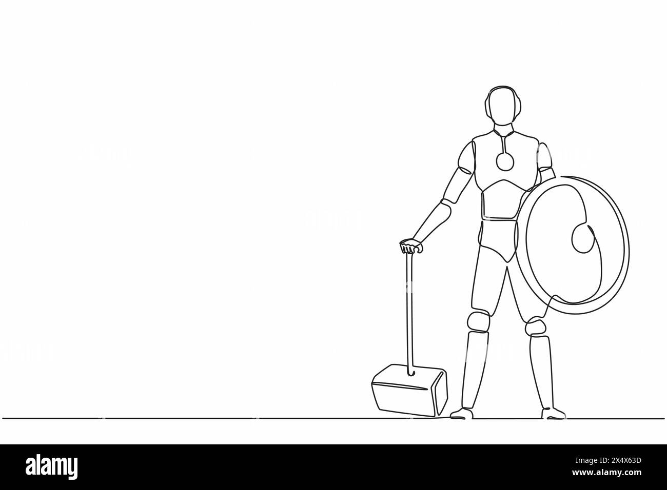 Continuous one line drawing robots stands holding big hammer and shield ...