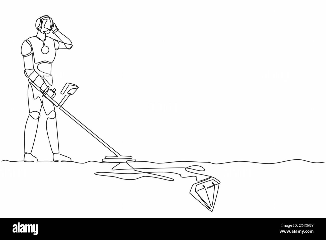 Single one line drawing robot with metal detector looking for diamonds ...