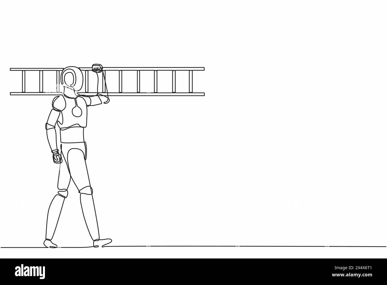 Single continuous line drawing robot repairman walking with ladder. Renovation home. Robotic