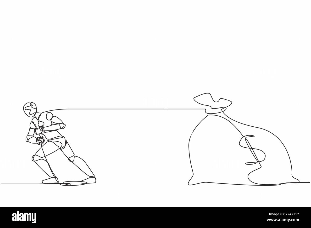 Single Continuous Line Drawing Robot Standing And Pulling Big Bag Of