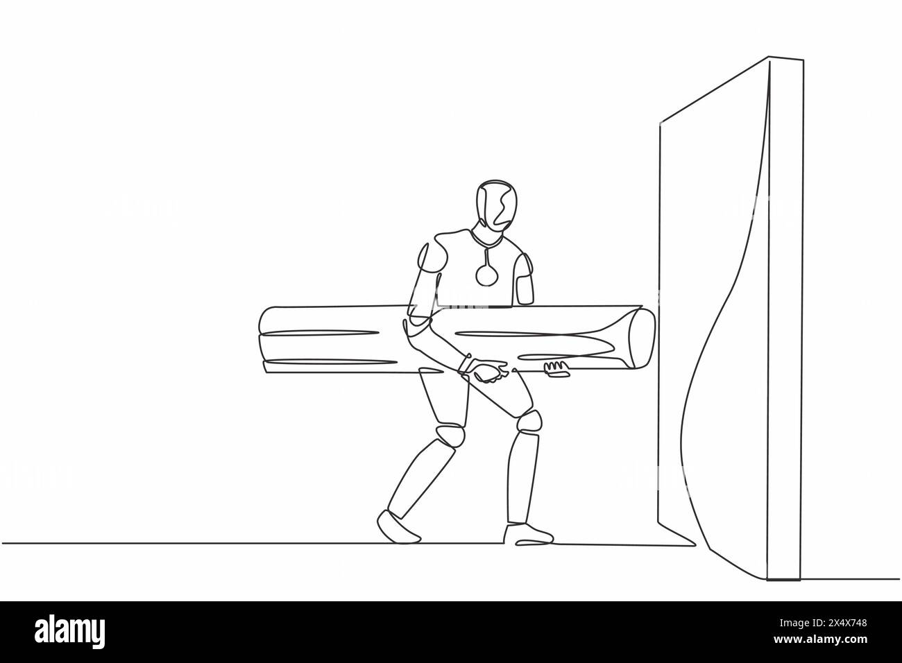 Single one line drawing robot holding large log to destroying wall ...