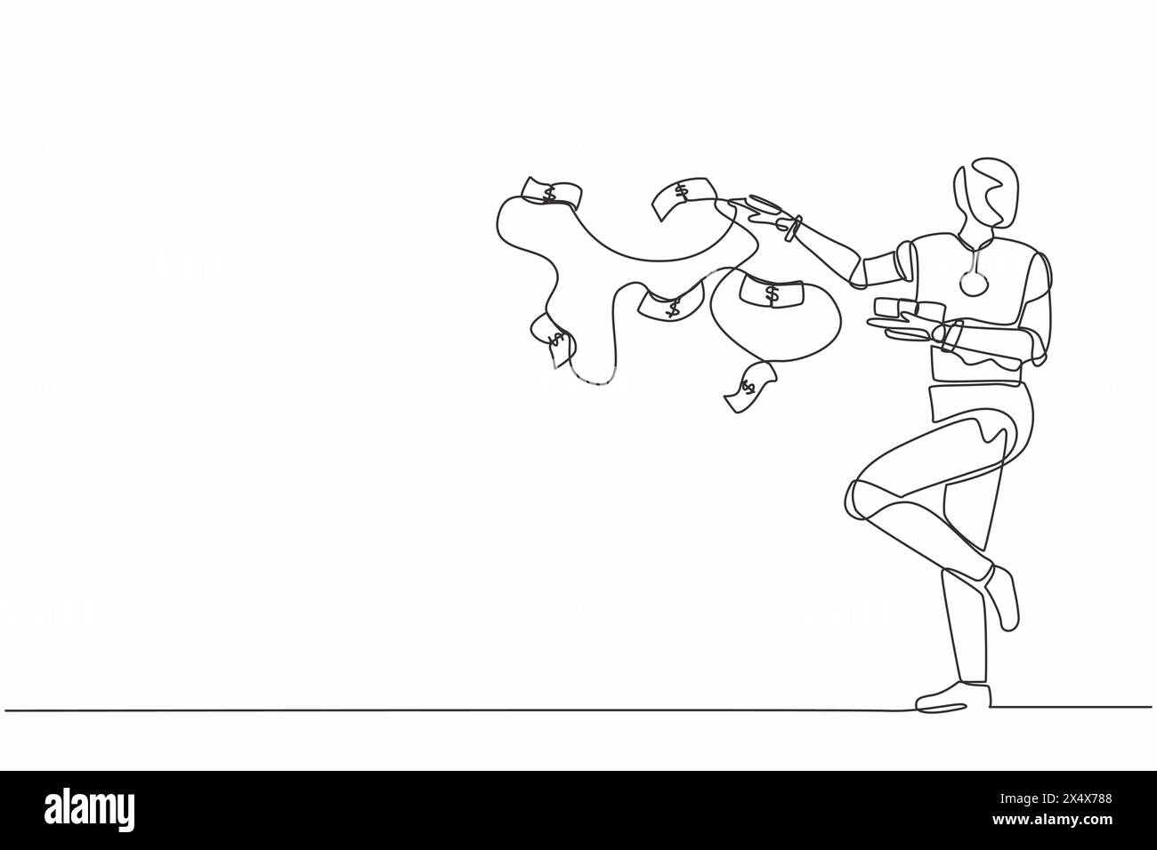 Continuous one line drawing robot throw out pile of money banknotes