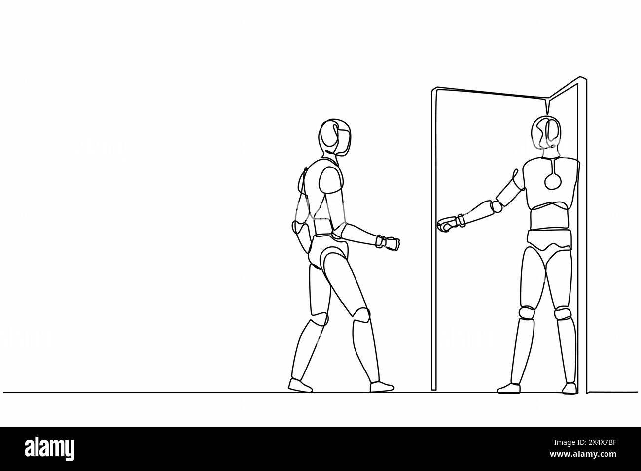 Single one line drawing robot is inviting his friend to get into his office. Future technology. Artificial intelligence and machine learning process. Stock Vector