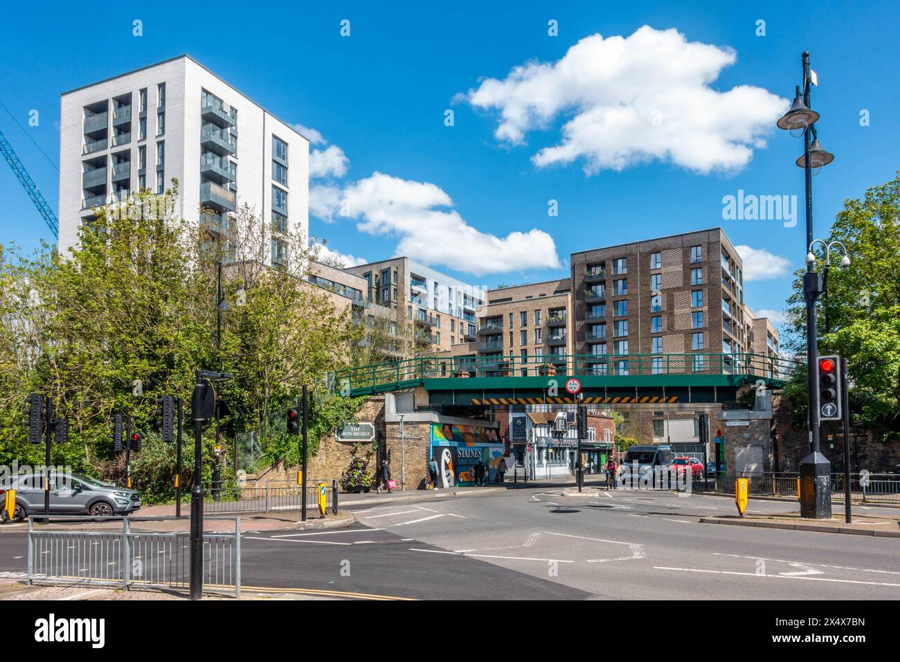 The Iron Bridge, a railway bridge, spans The High Street in Staines