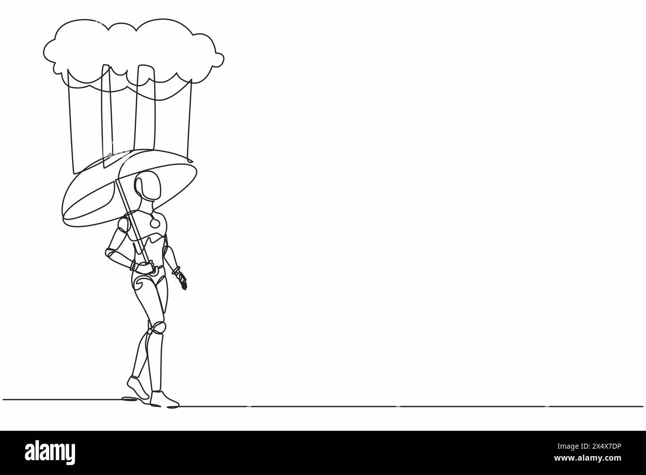 Continuous one line drawing robot with umbrella stand under rain cloud ...