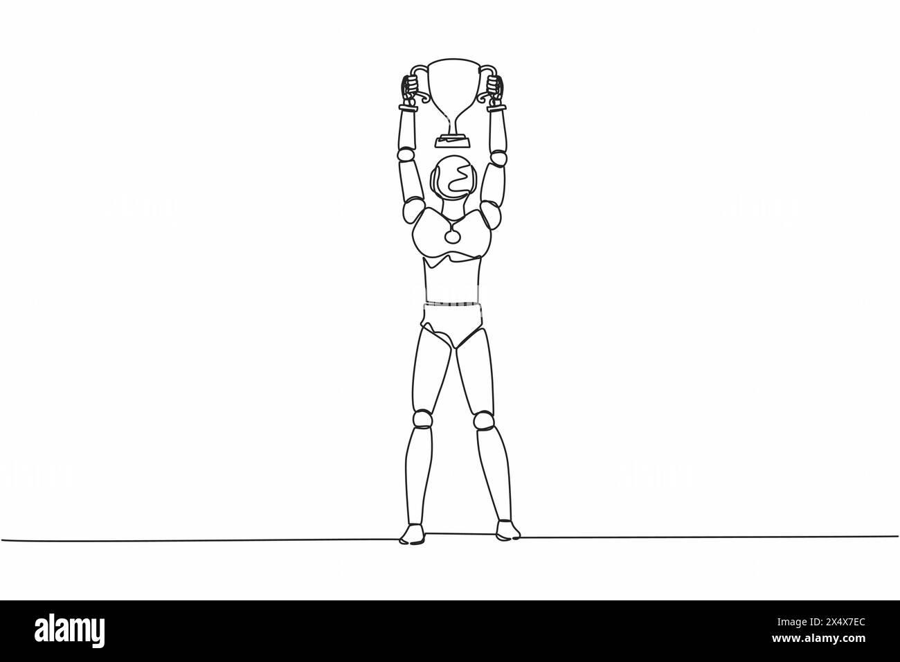 Continuous one line drawing robot holding trophy with two hands ...
