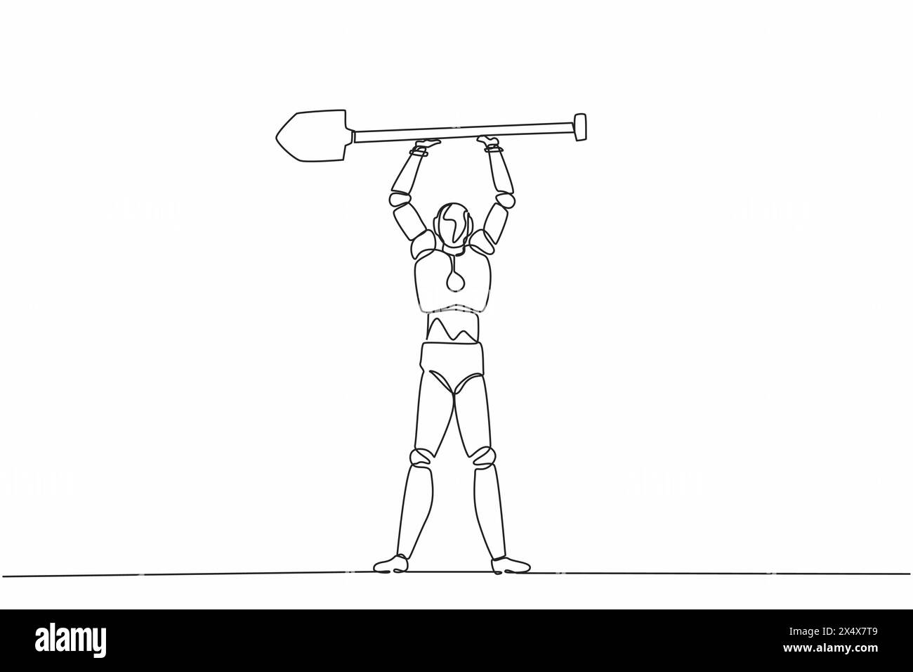 Single Continuous Line Drawing Robot Standing And Lifting Big Shovel