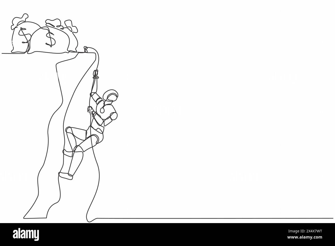 Single one line drawing robot doing rope climbing towards money bag ...