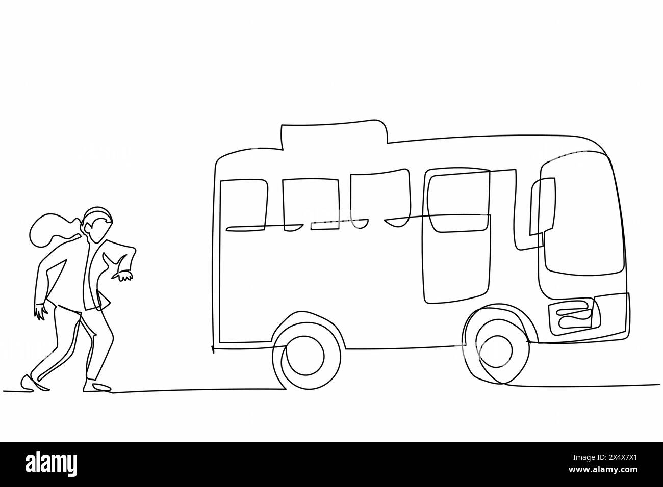 Continuous one line drawing businesswoman run chasing try to catch bus. Hurry running to get transportation, public passenger vehicle. Business metaph Stock Vector