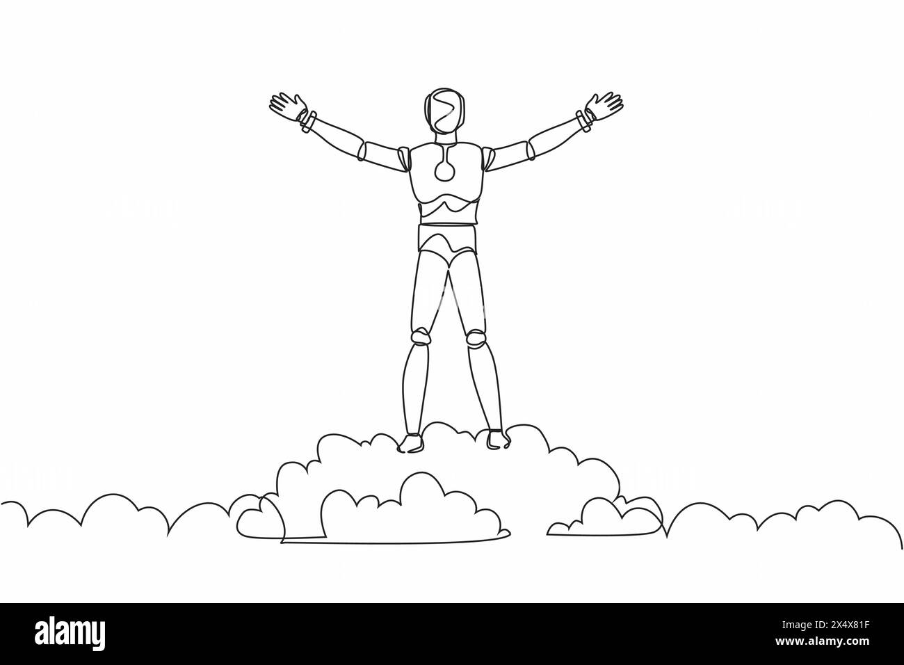 Continuous one line drawing robot on top of cloud with raised hands ...
