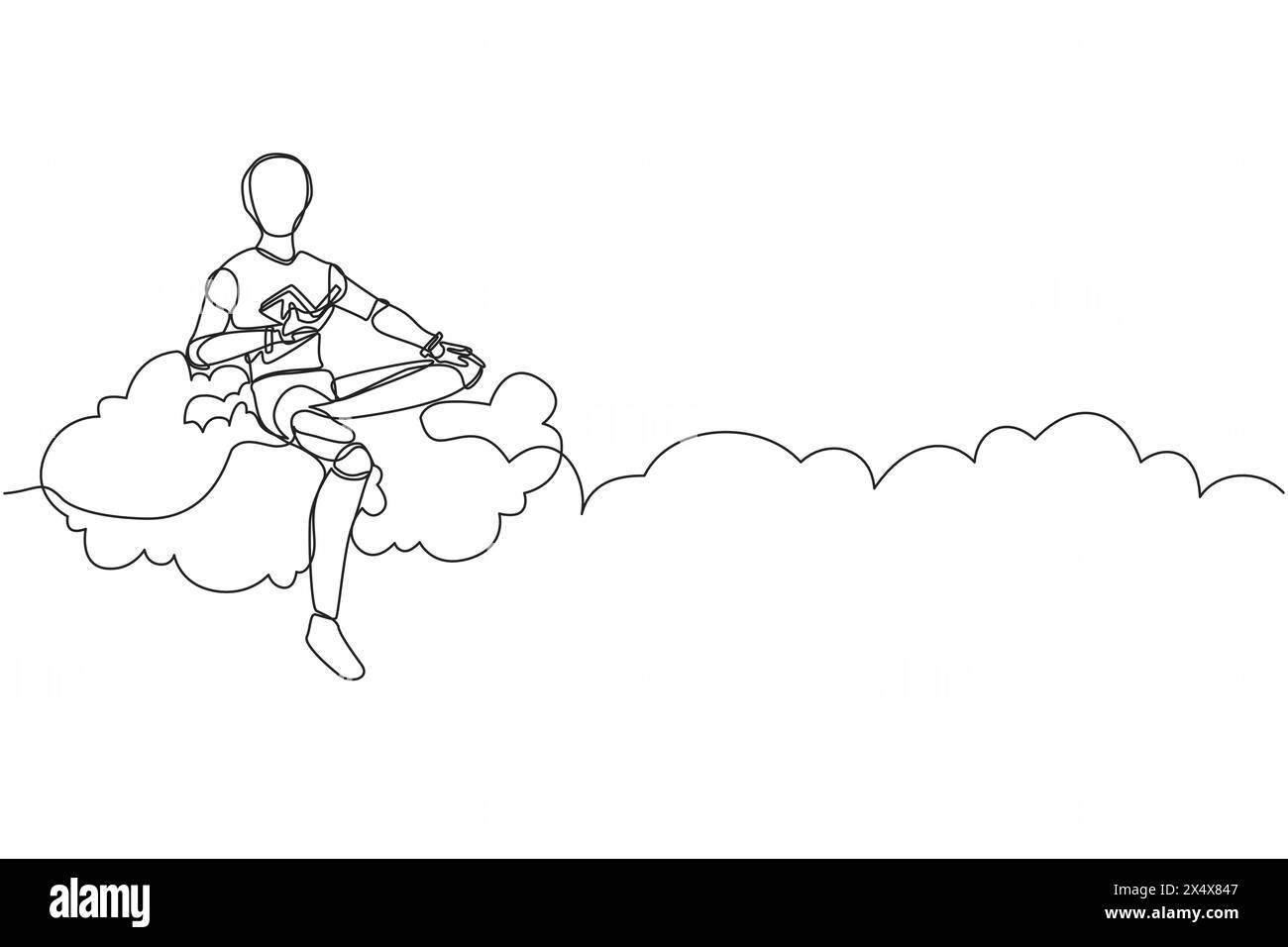 Single one line drawing robot relaxes and sitting on cloud reading book ...