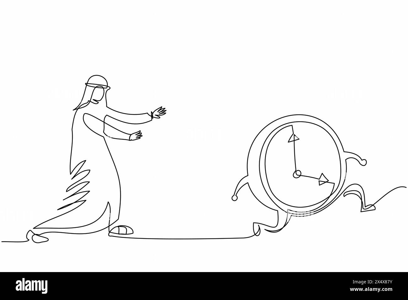 Continuous one line drawing Arab businessman chasing time. Manager runs