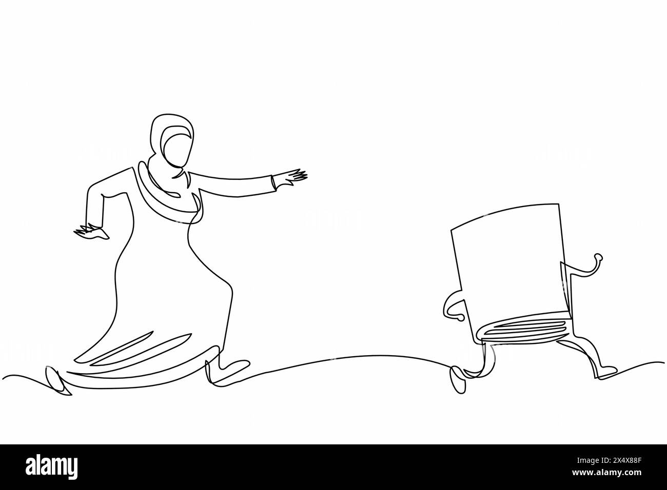 Single continuous line drawing Arab businesswoman chasing textbook ...