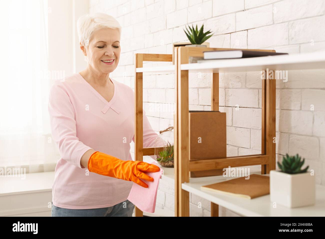 Woman dusting bookshelf hi-res stock photography and images - Alamy