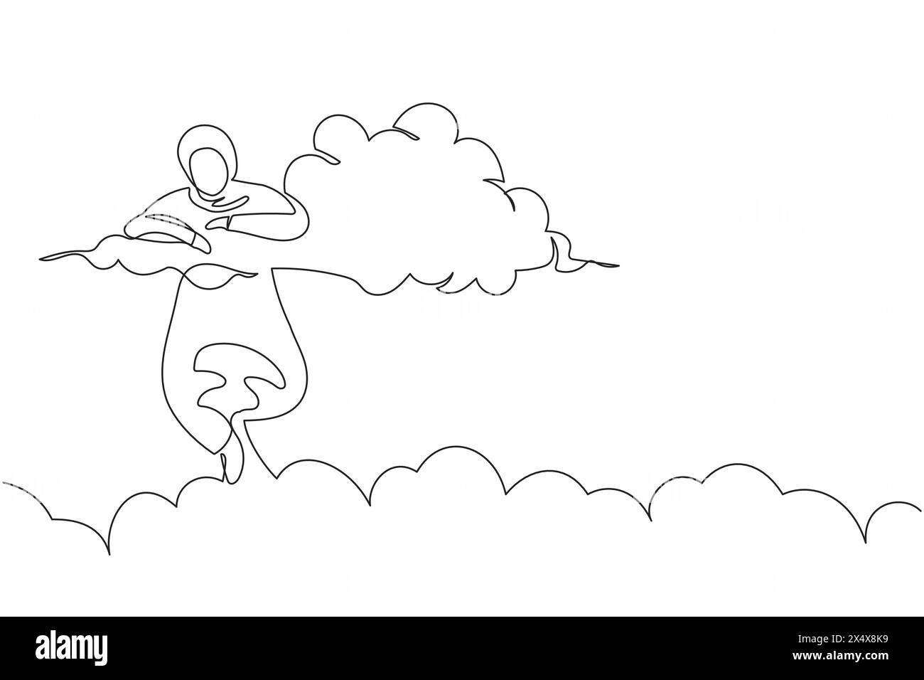 Single one line drawing Arab businesswoman hang in the clouds. Looking for business opportunity, financial freedom, planning new office project. Conti Stock Vector