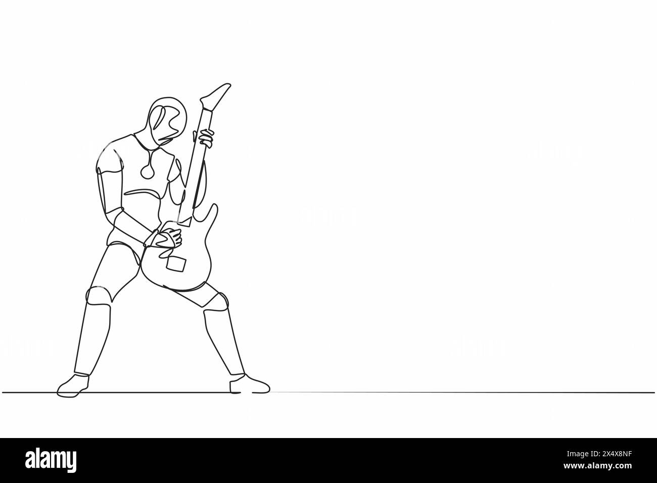 Continuous one line drawing robot guitarist perform playing electric guitar on stage. Humanoid robot cybernetic organism. Future robot development. Si Stock Vector