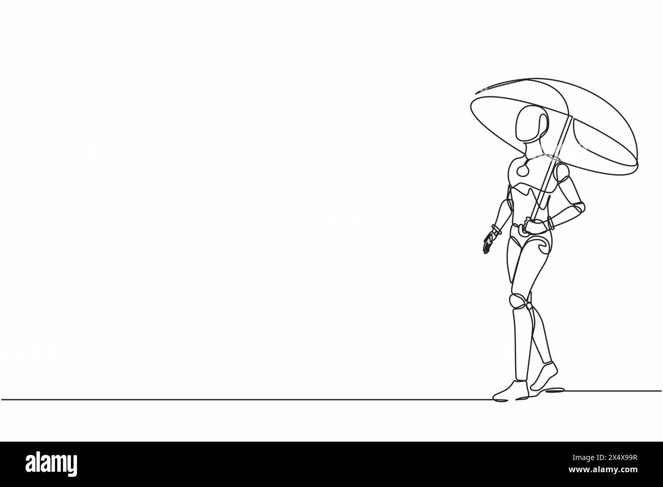 Single continuous line drawing robot with umbrella walking alone ...