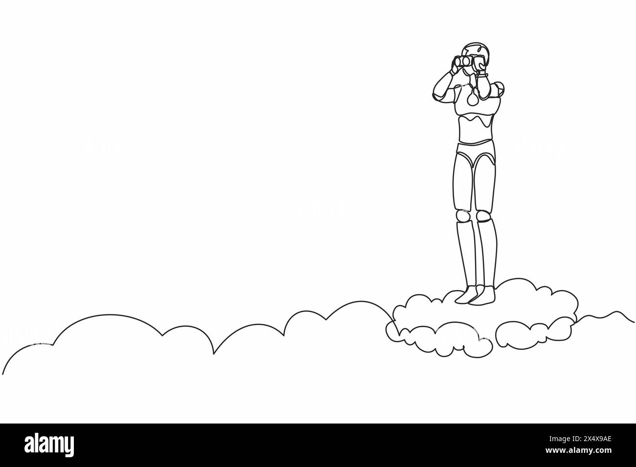 Single one line drawing robot on cloud holding binocular to search for ...