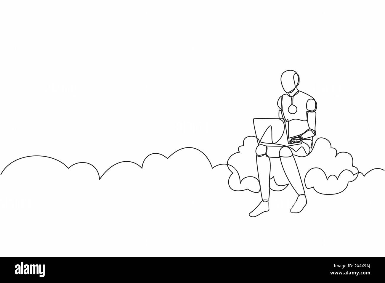 Single one line drawing robot sitting on cloud in sky and working with ...