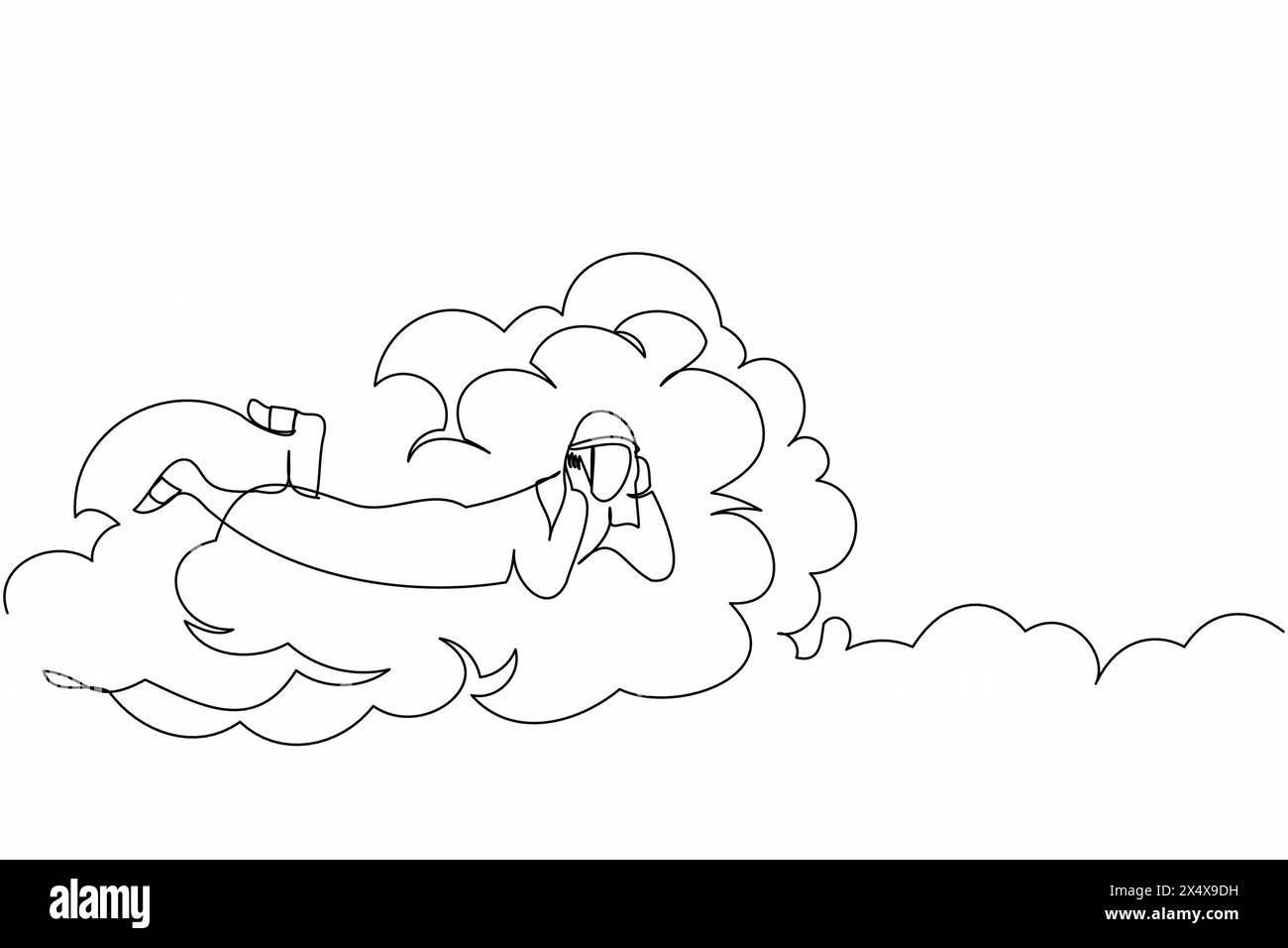 Single one line drawing Arab businessman lay on clouds and dreaming or thinking about new business project. Relaxes and resting worker concept. Contin Stock Vector
