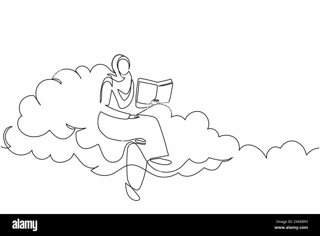 Single one line drawing smart Arab businesswoman sitting on cloud and ...