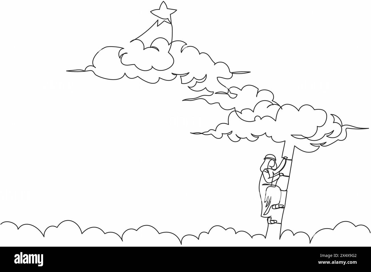 Continuous one line drawing Arabian businessman climbing ladder to ...