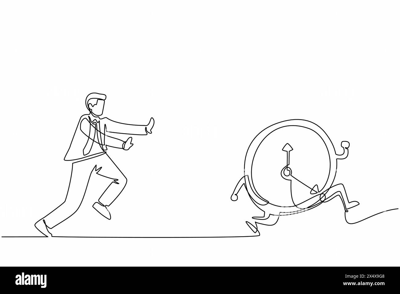 Single one line drawing stressed businessman chasing time or clock ...