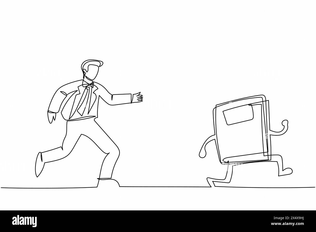 Single one line drawing businessman run chasing try to catch text book ...